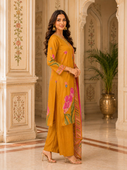 Woman wearing a mustard yellow kurta set with floral prints and palazzo pants, draped with a printed dupatta.