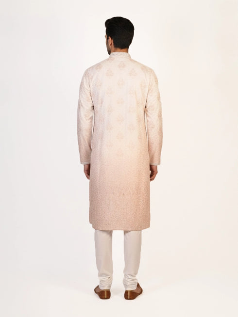 Man wearing a multi-color embroidered kurta and white pants, traditional Indian ethnic wear.