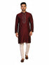 Man wearing a maroon kurta with a diamond pattern and embroidered neckline, paired with cream pants.
