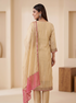 Elegant cream embroidered kurta set with pink trim dupatta and matching pants, perfect for festive occasions.