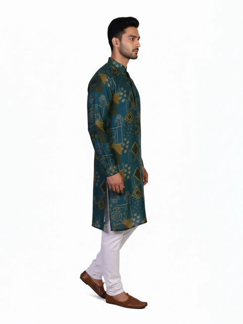 Man wearing a teal kurta with a multi-color geometric print and white pants, standing against a white background.