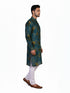 Man wearing a teal kurta with a multi-color geometric print and white pants, standing against a white background.