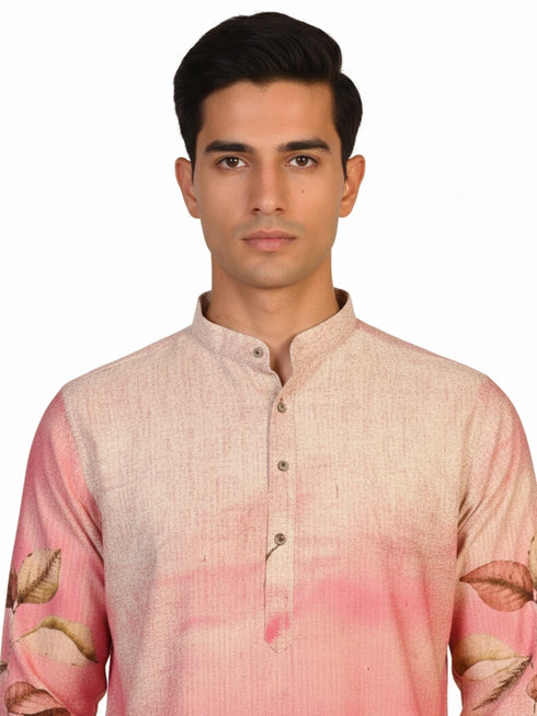 Men's multi-color Kurta Pajama with a floral print, band collar, and long sleeves, paired with cream pants.