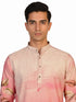 Men's multi-color Kurta Pajama with a floral print, band collar, and long sleeves, paired with cream pants.