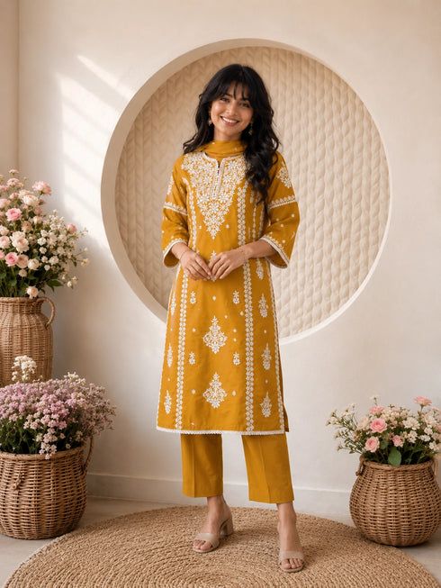 Woman wearing a mustard yellow embroidered kurta and pants set, sitting indoors with flowers.
