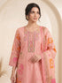 Woman wearing a pink printed cotton kurti set with palazzo pants and a dupatta, featuring eyelet details and block prints.