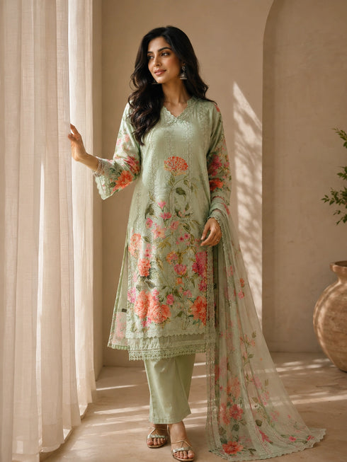A woman models a green floral embroidered Kurti Set with matching pants and a dupatta, featuring delicate lace trim.