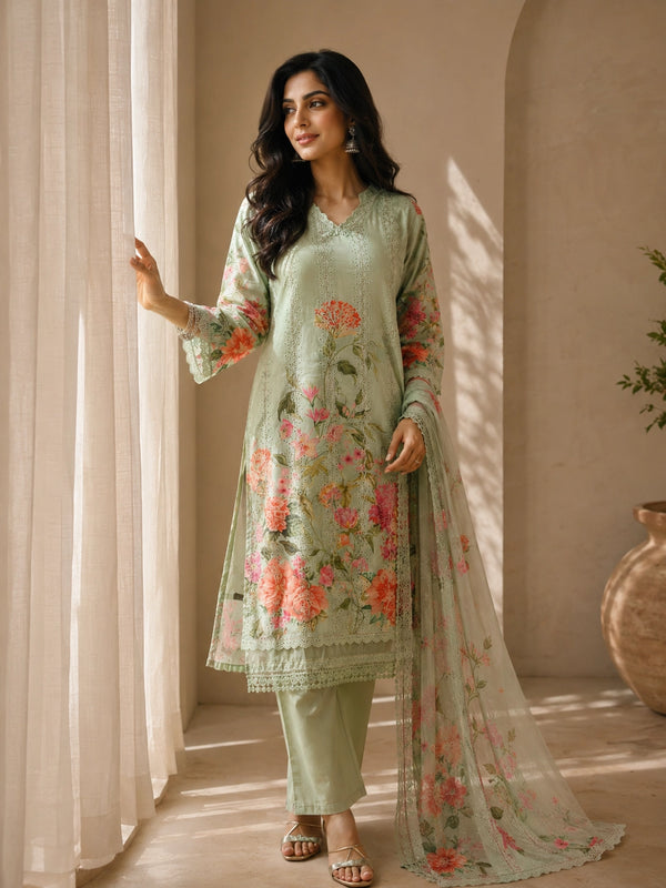 A woman models a green floral embroidered Kurti Set with matching pants and a dupatta, featuring delicate lace trim.