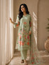 A woman models a green floral embroidered Kurti Set with matching pants and a dupatta, featuring delicate lace trim.