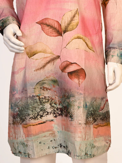 Men's multi-color Kurta Pajama with a floral print, band collar, and long sleeves, paired with cream pants.