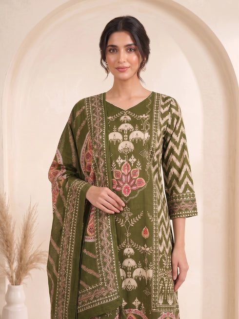 Woman wearing an olive green printed kurti set with palazzo pants and a matching dupatta.