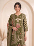 Woman wearing an olive green printed kurti set with palazzo pants and a matching dupatta.