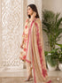 Woman wearing a brown floral print kurta set with a dupatta, embellished neckline, and matching pants.