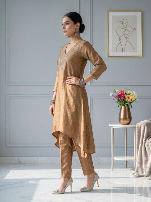 Woman in a golden embroidered kurta set with matching pants and a patterned dupatta, featuring a V-neckline and tassel details.