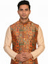 Man wearing a multi-color ethnic Nehru jacket over a cream kurta and pants, suitable for festive occasions.