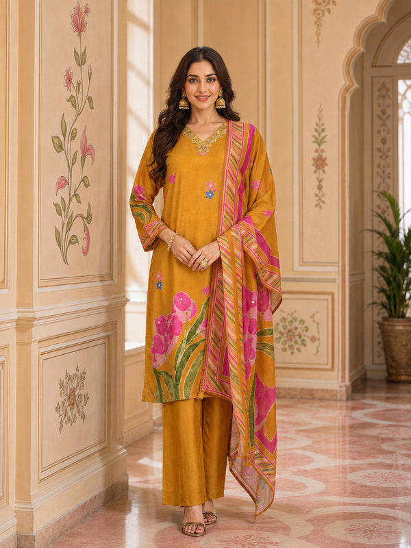 Woman wearing a mustard yellow kurta set with floral prints and palazzo pants, draped with a printed dupatta.