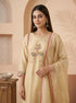 Elegant cream embroidered kurta set with pink trim dupatta and matching pants, perfect for festive occasions.