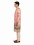 Men's multi-color Kurta Pajama with a floral print, band collar, and long sleeves, paired with cream pants.