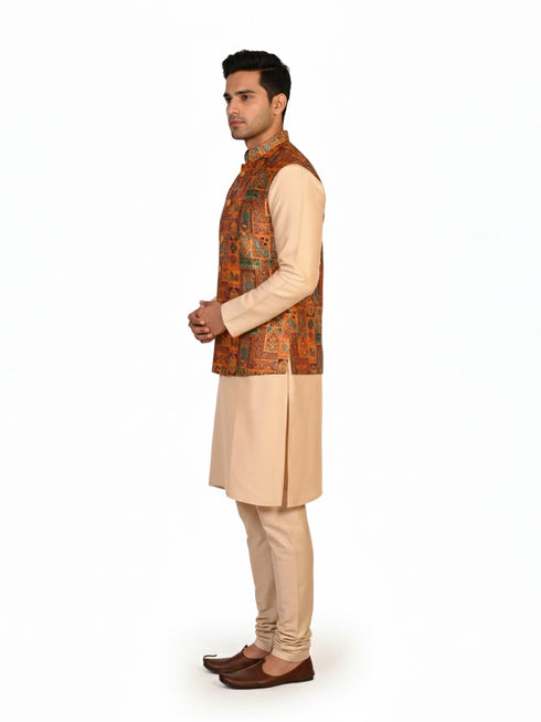 Man wearing a multi-color ethnic Nehru jacket over a cream kurta and pants, suitable for festive occasions.