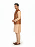 Man wearing a multi-color ethnic Nehru jacket over a cream kurta and pants, suitable for festive occasions.