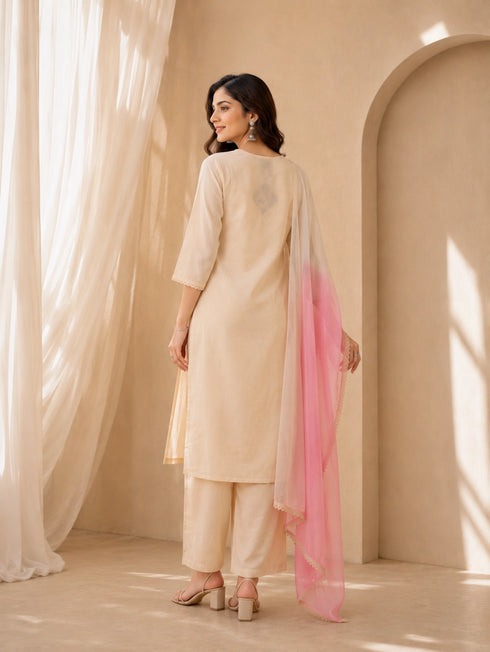 Woman wearing a cream floral print Kurti Set with a pink ombre dupatta and matching pants.