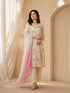 Woman wearing a cream floral print Kurti Set with a pink ombre dupatta and matching pants.
