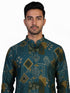 Man wearing a teal kurta with a multi-color geometric print and white pants, standing against a white background.