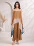 Woman wearing a brown layered chiffon palazzo suit with a sequined neckline and flowing sleeves.