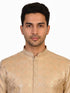 Man wearing a multi-color jacquard woven Kurta Pajama with a mandarin collar and matching pants.