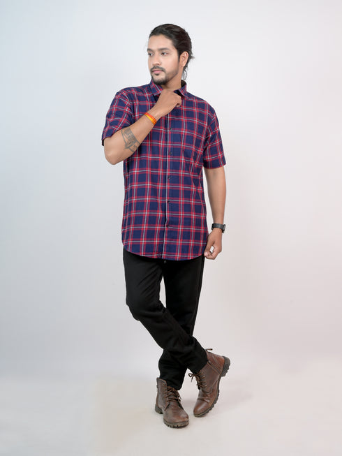 Men Navy Checked Casual Half Shirt