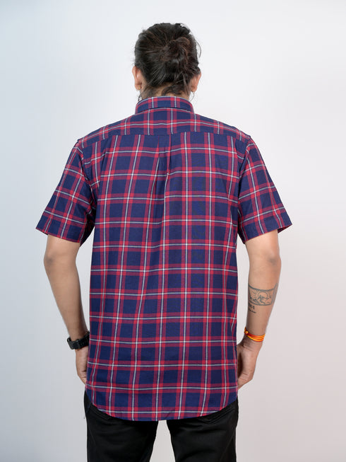 Men Navy Checked Casual Half Shirt
