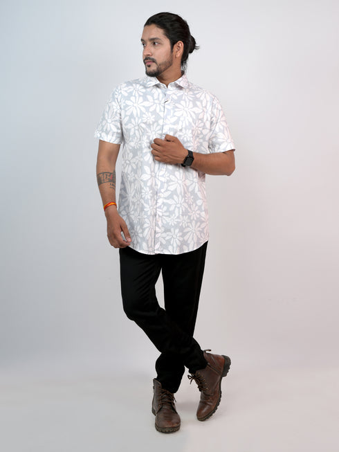 Men Grey Floral Pinted Casual Half Shirt