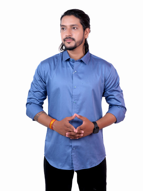 Men Solid Blue Polyester Shirt