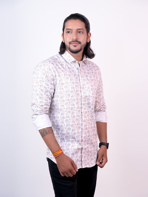Men White Floral Printed Full Shirt