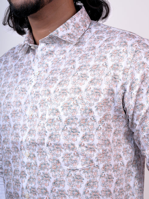 Men White Floral Printed Full Shirt
