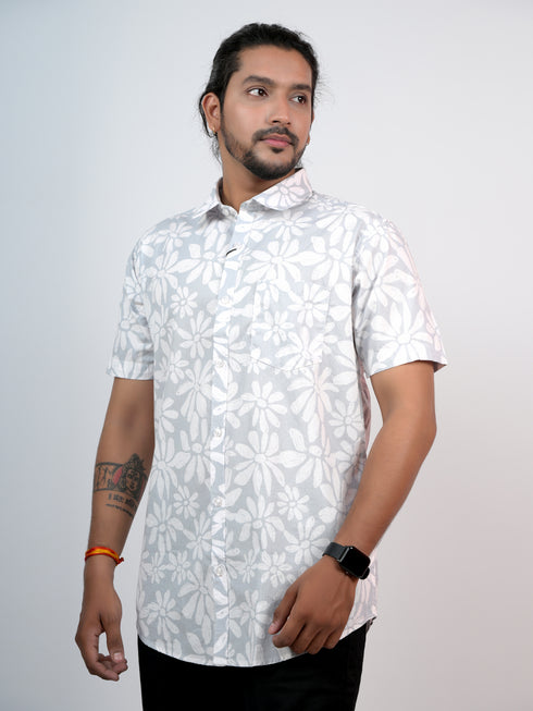 Men Grey Floral Pinted Casual Half Shirt