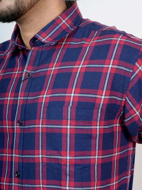 Men Navy Checked Casual Half Shirt