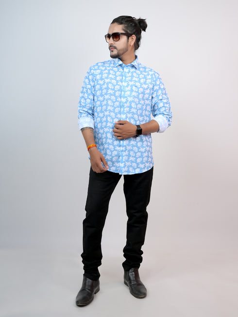 Men Sky Blue Floral Printed Full Shirt