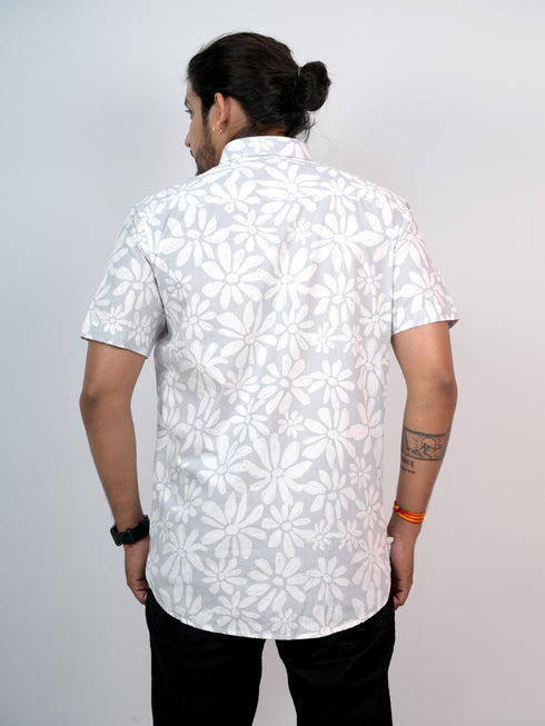 Men Grey Floral Pinted Casual Half Shirt