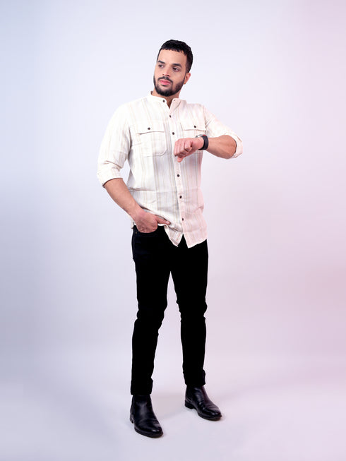 Pontiac Beige Striped Casual Shirt