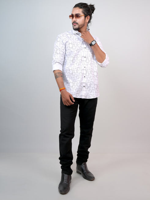 Men White Geometric Pinted Formal Shirt