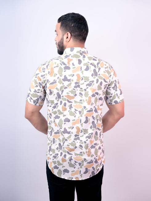 Pontiac White Printed Cotton Half Shirt