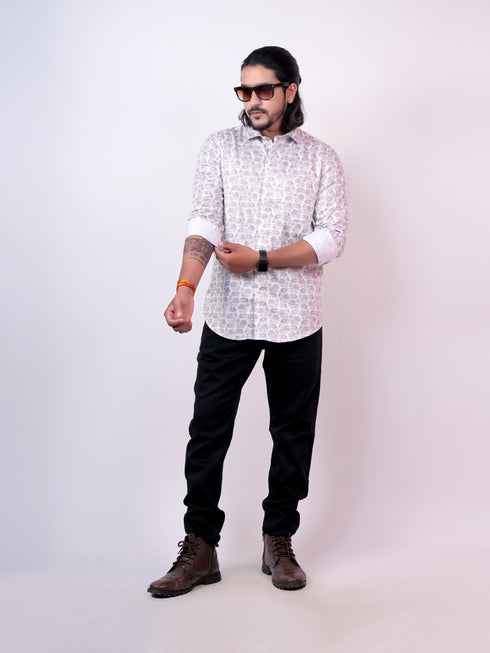 Men White Floral Printed Full Shirt