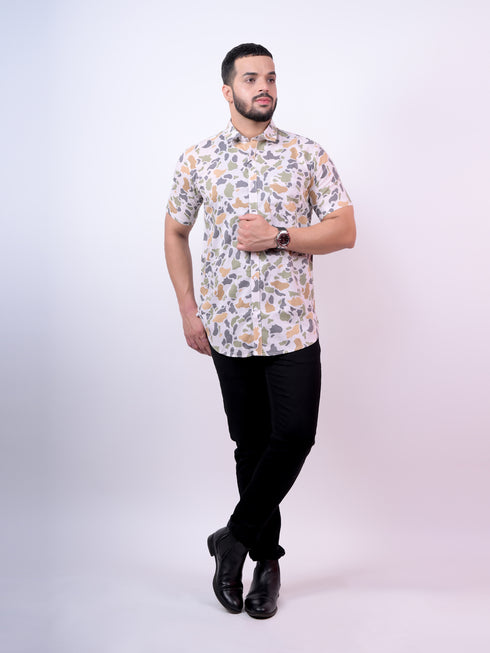 Pontiac White Printed Cotton Half Shirt