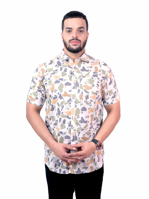 Pontiac White Printed Cotton Half Shirt