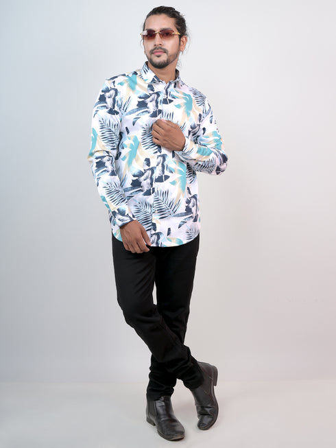 Men White Floral Printed Full Shirt