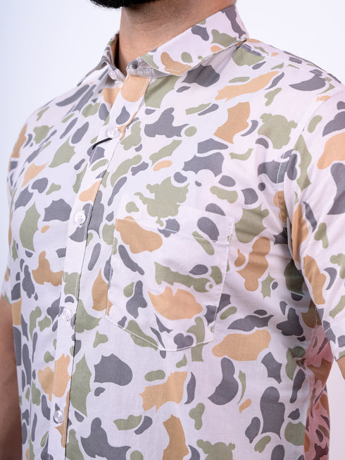 Pontiac White Printed Cotton Half Shirt