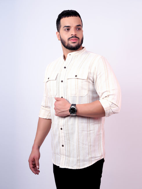 Pontiac Beige Striped Casual Shirt