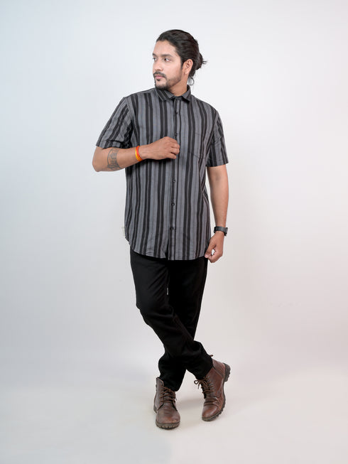 Men Black Striped Casual Half Shirt