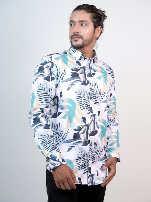 Men White Floral Printed Full Shirt